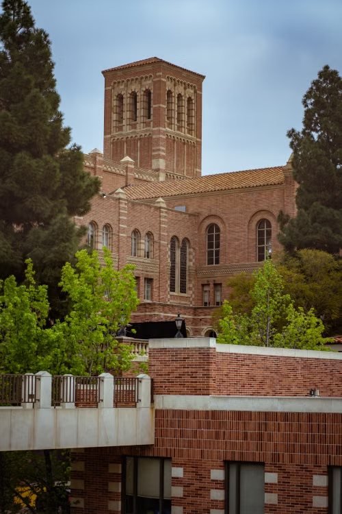A red-brick collegiate building with a square tower, framed by trees